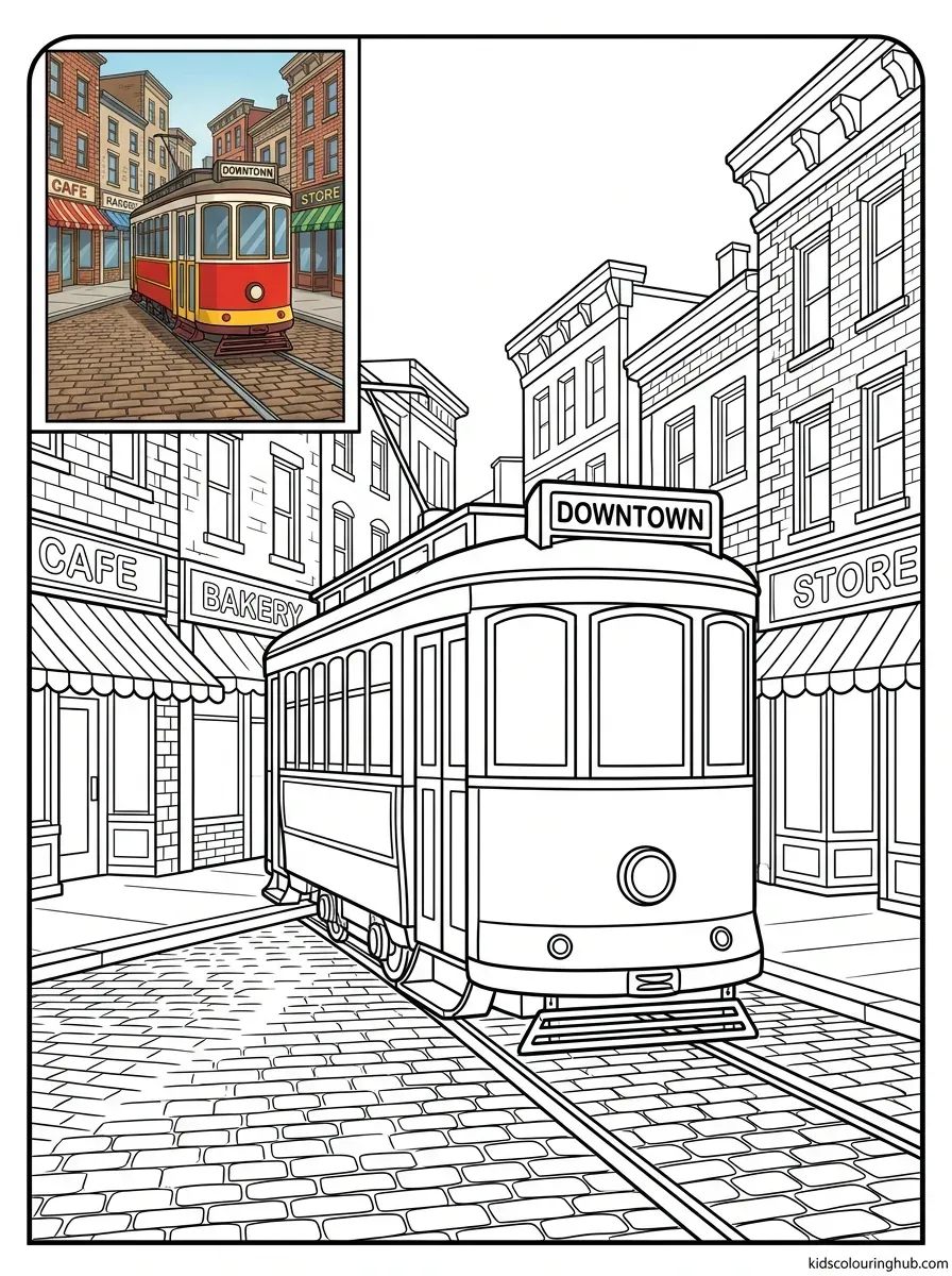 Line art of a vintage city streetcar tram