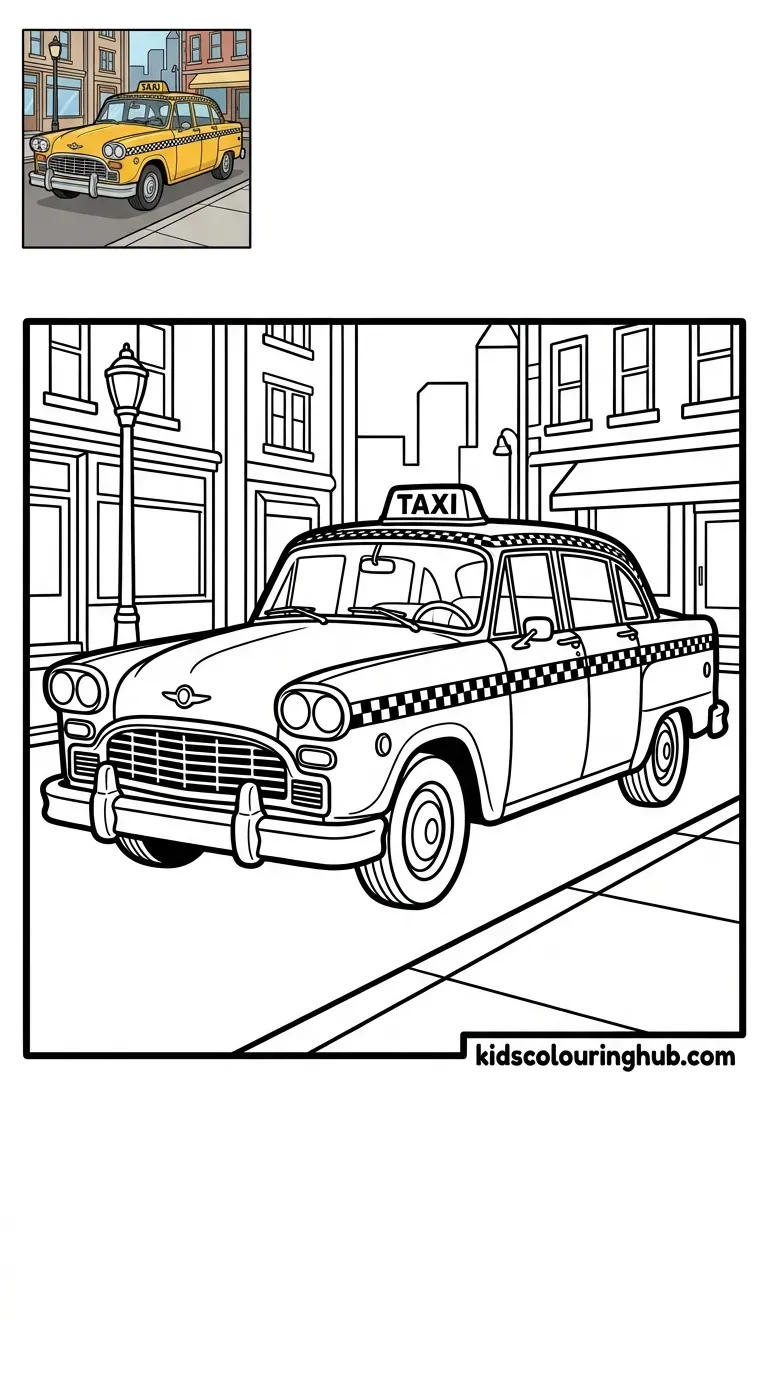 Black and white line art of a vintage taxi sedan with thick outlines and a colored thumbnail