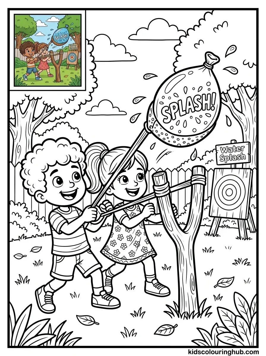 Water balloon slingshot coloring page