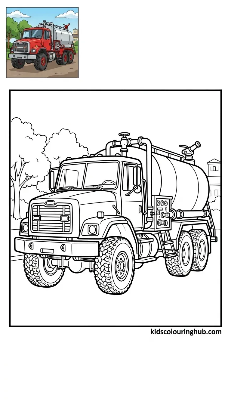Black and white line art of a heavy duty water tender tanker truck with thick outlines and a small colored thumbnail.