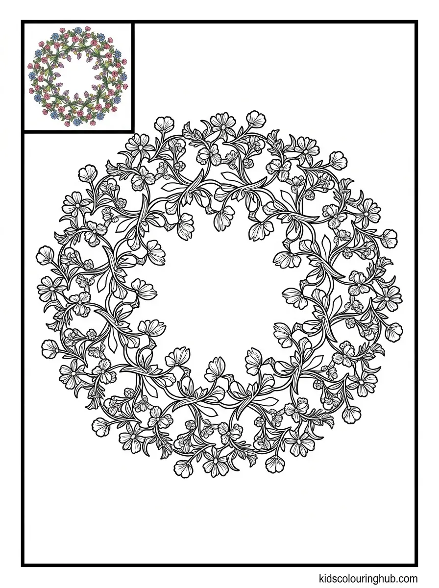 Line art of a wildflower wreath mandala