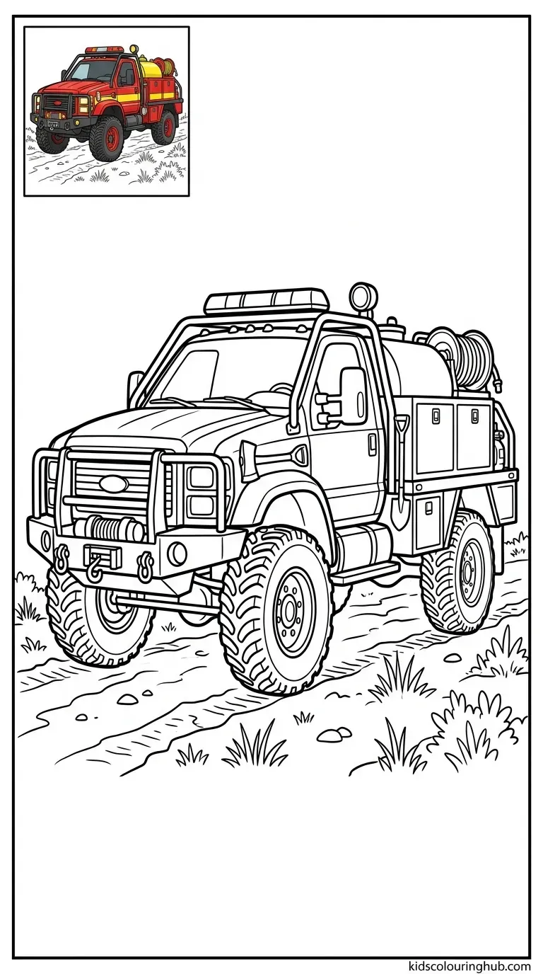 Black and white line art of a rugged wildland fire brush truck with thick outlines and a small colored thumbnail.